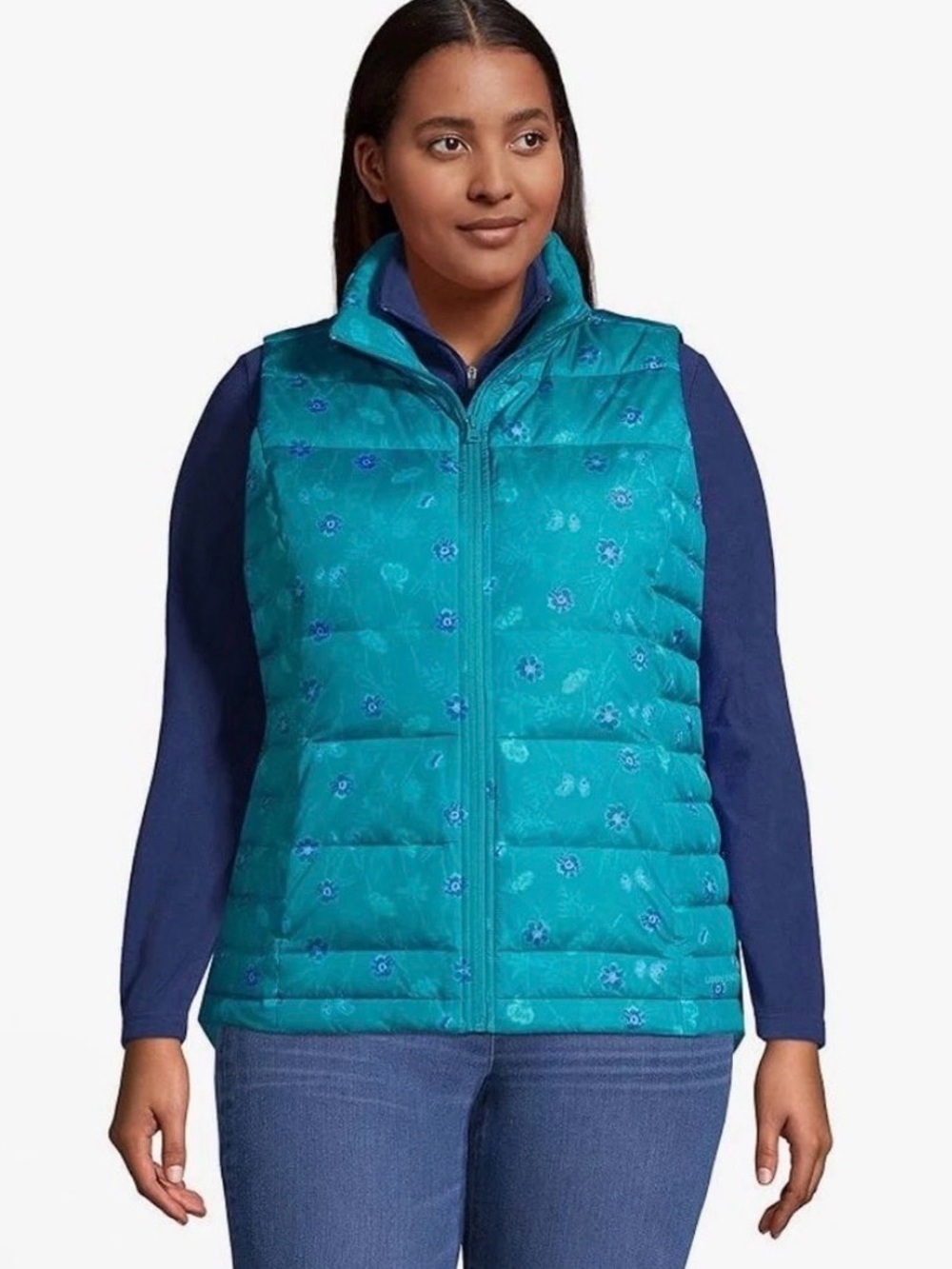 NWT Lands' End Womens Puffer Down Vest Spade Blue Hand Dye Floral Plus Size 3X